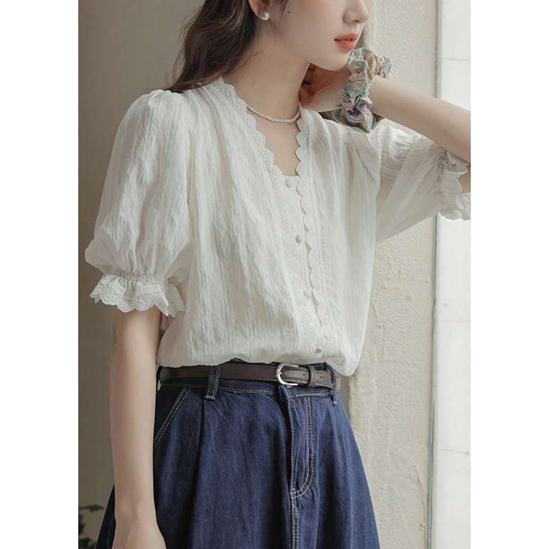 Casual White V Neck Patchwork Lace Top Summer