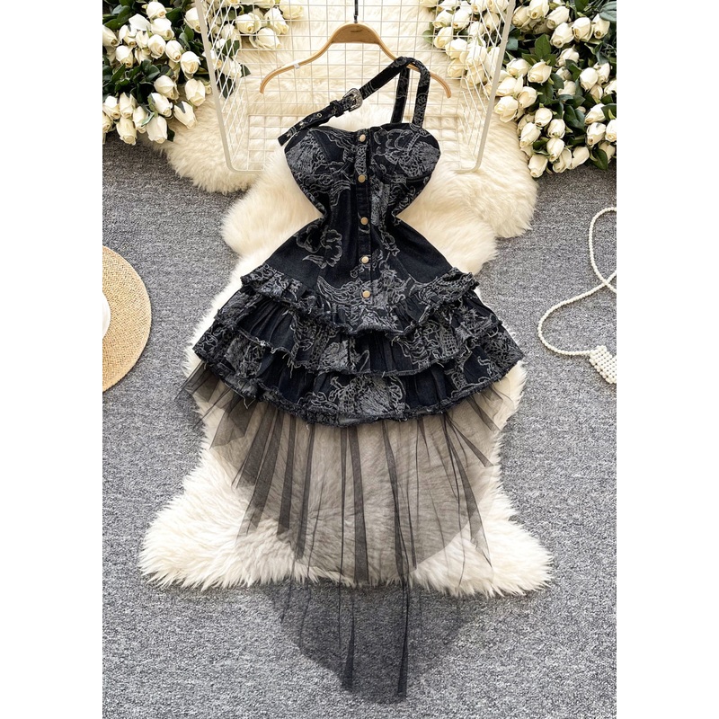 Chic Black Patchwork Tulle Denim Strapless Dress Summer