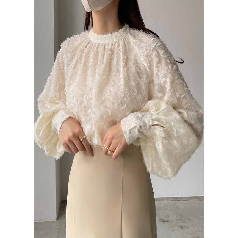 Classy Beige Tasseled Chiffon Shirt Top Lantern Sleeve