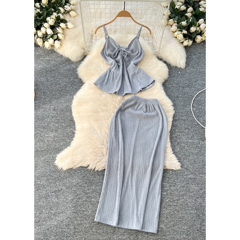 Elegant Blue Cinched Cotton Two Piece Set Summer
