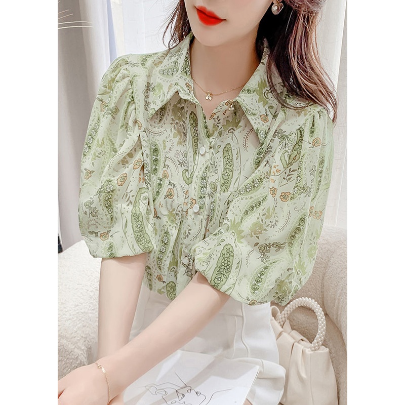 Elegant Green Peter Pan Collar Print Chiffon Shirt Top Lantern Sleeve