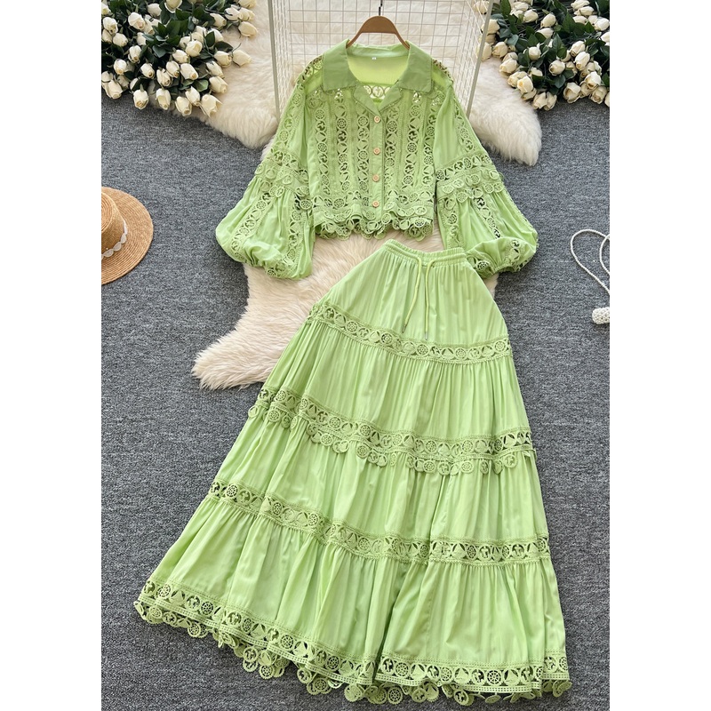 Fitted Green Peter Pan Collar Patchwork Lace Two Pieces Set Lantern Sleeve