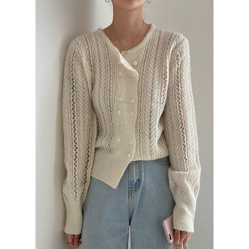 French Beige Double Breast Hollow Out Knit Top Spring