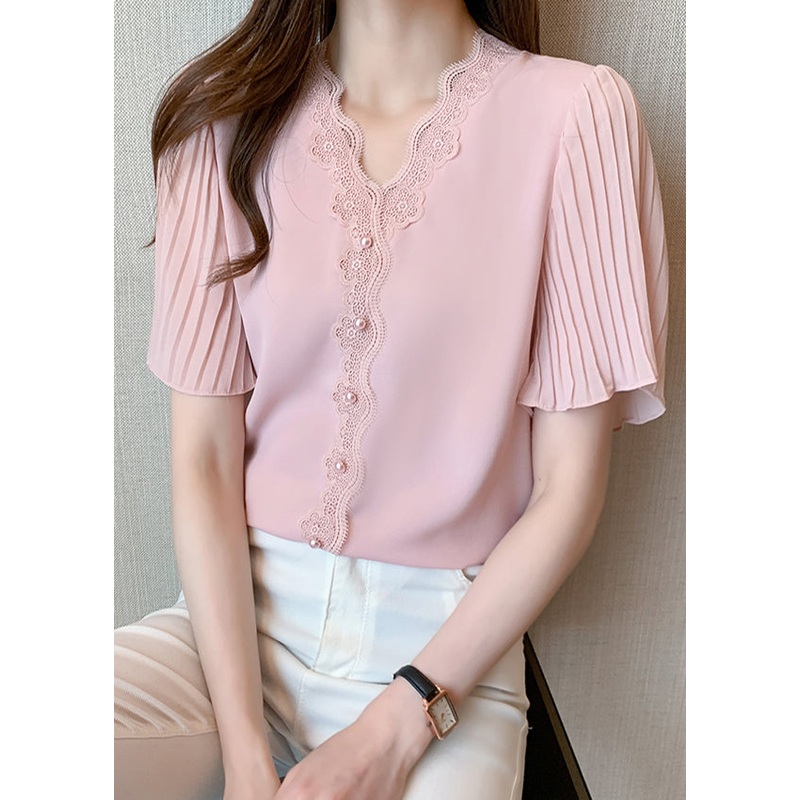 Italian Pink Lace Patchwork Nail Bead Chiffon Shirt Top Summer