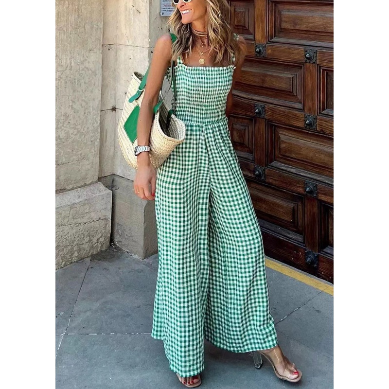 Loose Green Plaid High Waist Cotton Jumpsuits Sleeveless