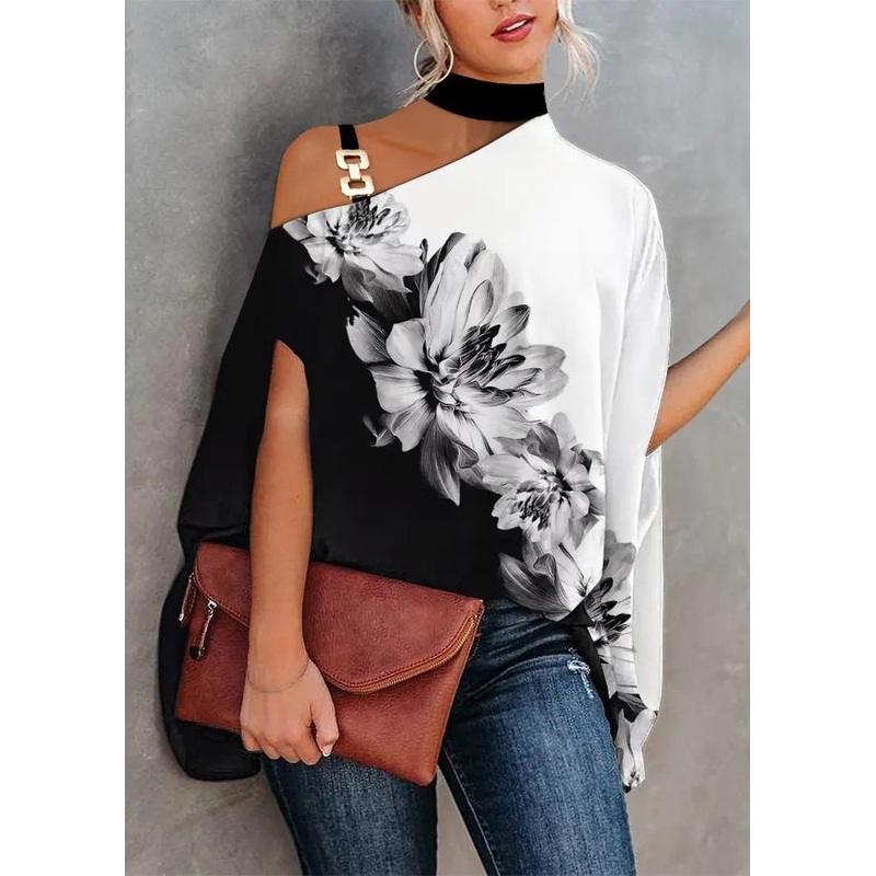 Loose White Asymmetrical Print Cotton Blouses Summer