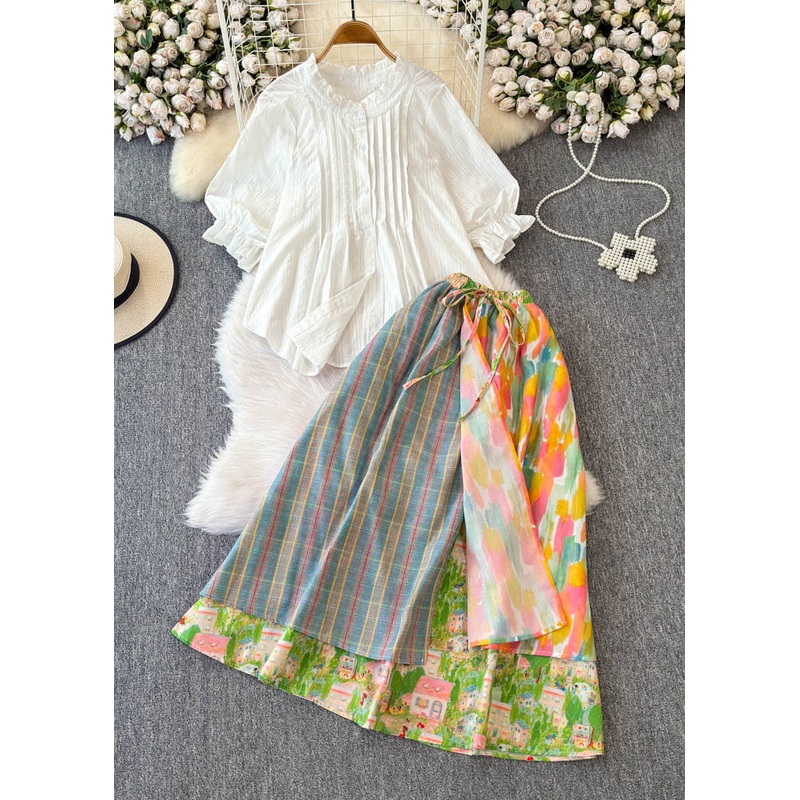 Original Design Asymmetrical Print Cotton Two Piece Suit Set Summer