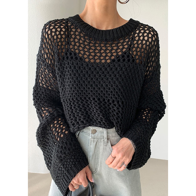 Style Black Oversized Hollow Out Knit Sweaters Spring