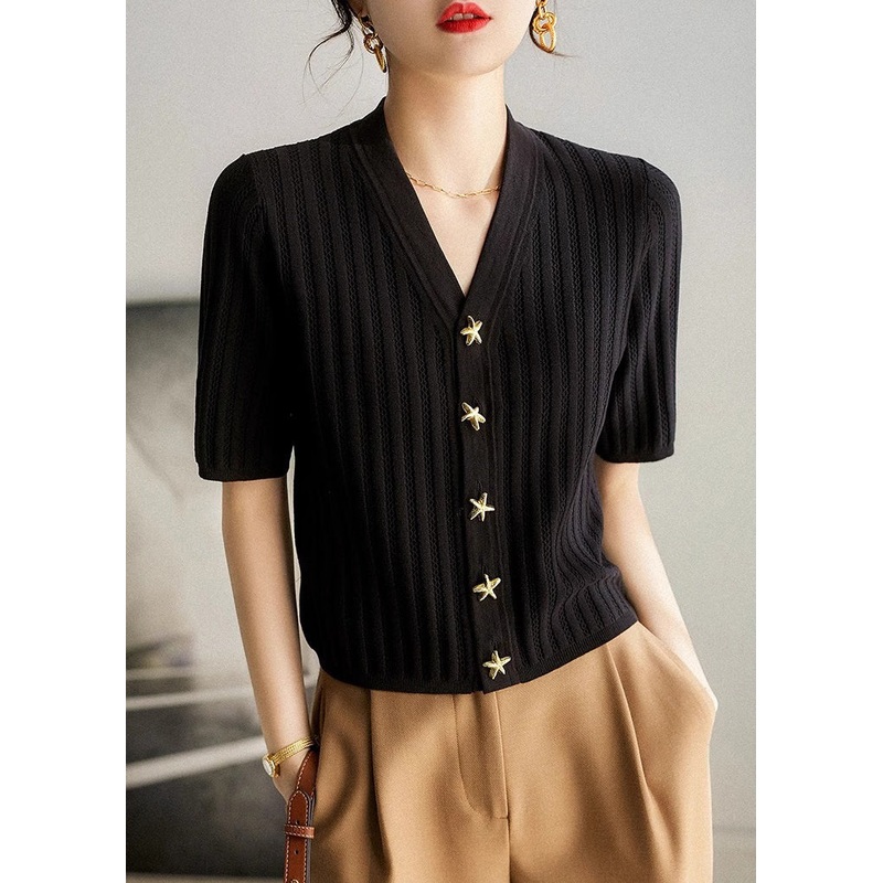 Style Black V Neck Silm Fit Knit Shirt Summer