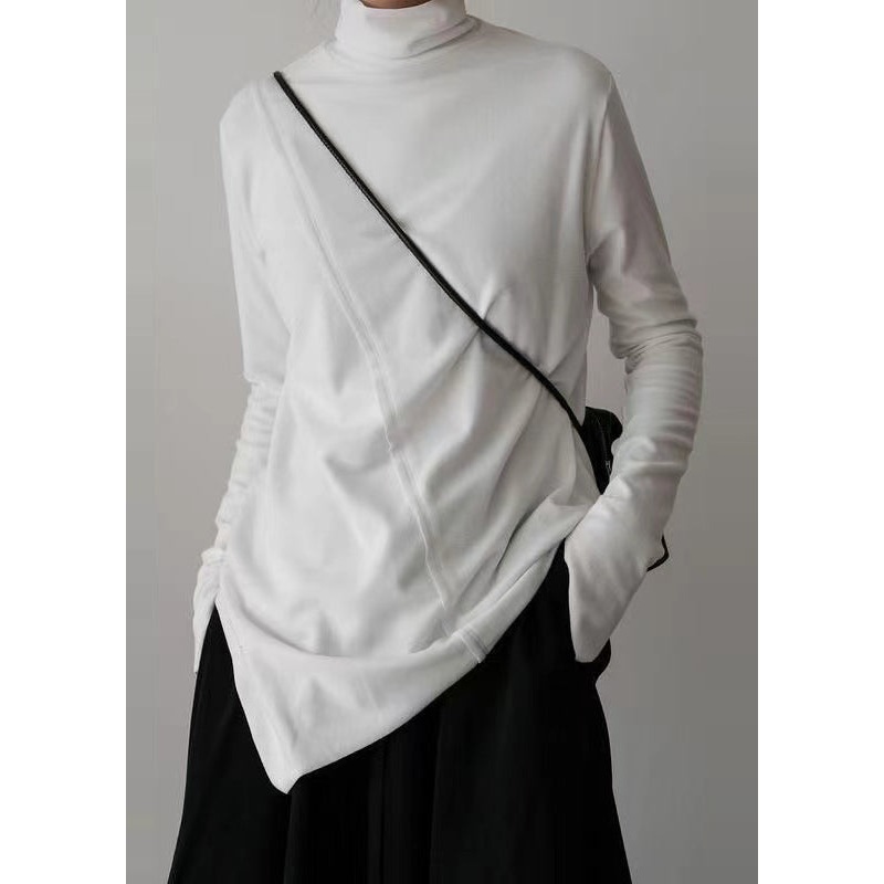 Style White Stand Collar Asymmetrical Design Cotton Tops Spring