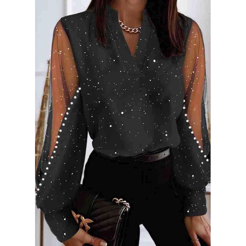 Stylish Black V Neck Tulle Patchwork Blouses Spring