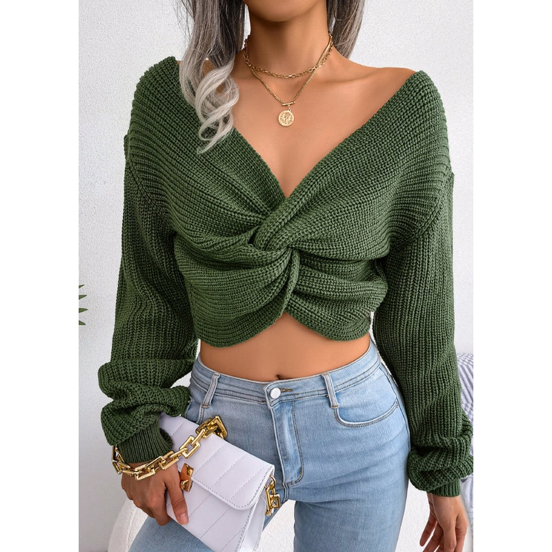 Stylish Green V Neck Wrinkled Knit Short Sweater Tops Spring