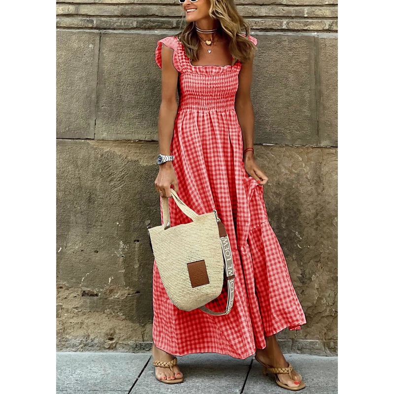 Stylish Red Plaid Cotton Robe Dresses Sleeveless