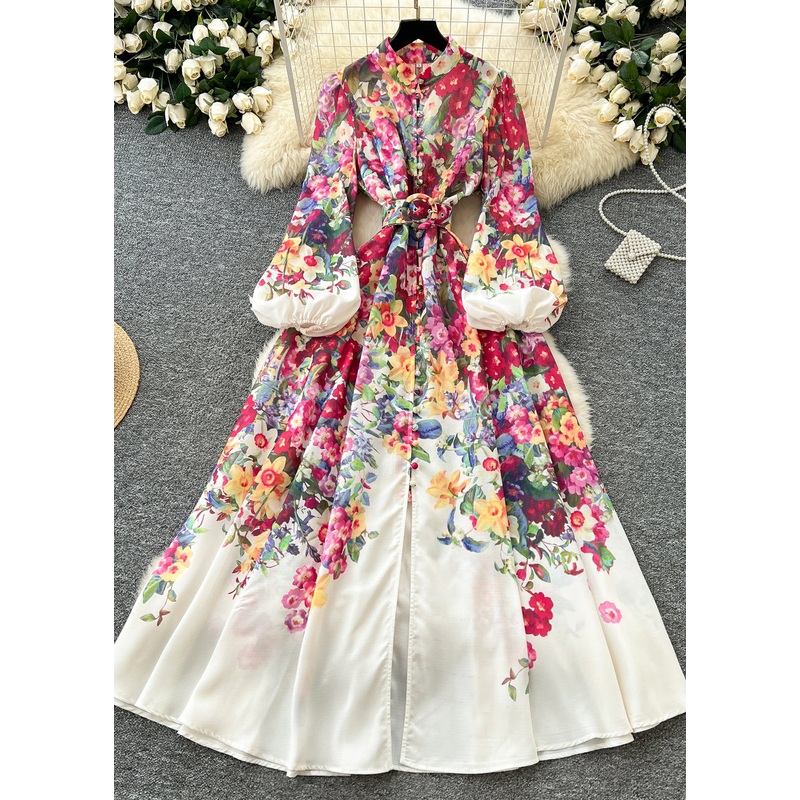 Unique Red Cinched Print Chiffon Vacation Dresses Lantern Sleeve