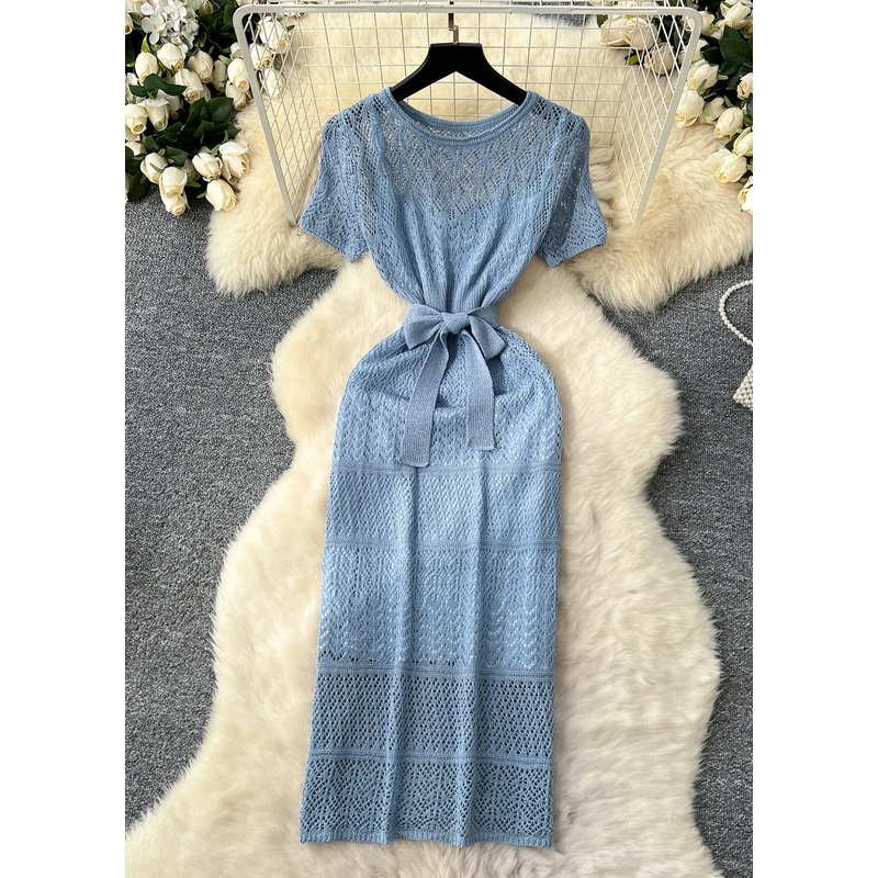 Unique Sky Blue Hollow Out Knit Vacation Dresses Two Piece Set Summer