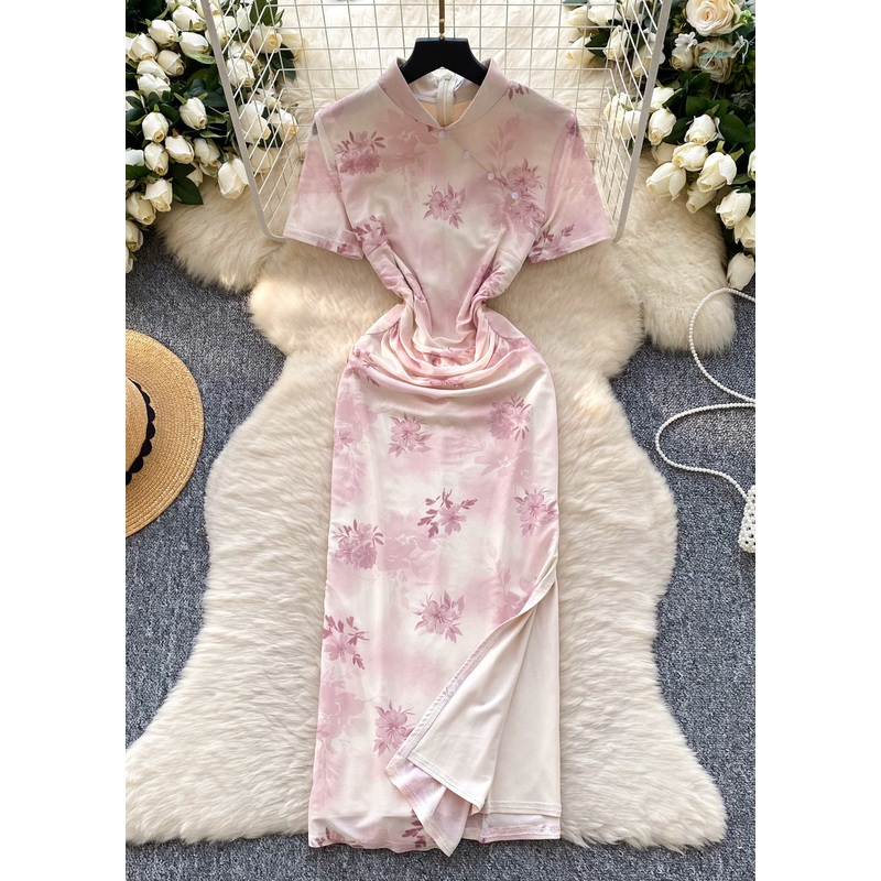 Vintage Pink Print Cotton Cheongsam Dress Summer
