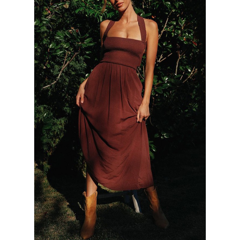 Wine Red Pockets High Waist Cotton Long Dress Lace Up Summer