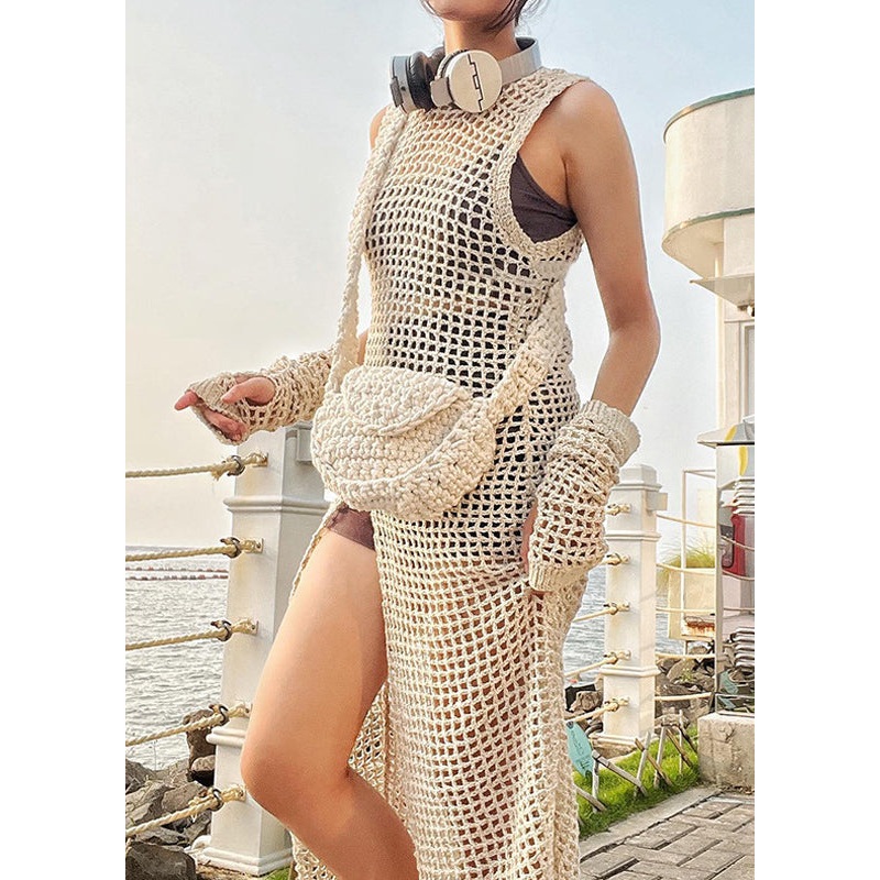 Women Beige Hollow Out Side Open Knit Dress Summer