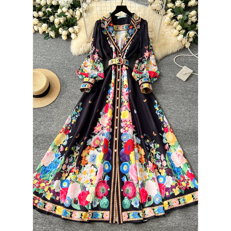 Women Black Cinched Floral Chiffon A Line Dress Spring