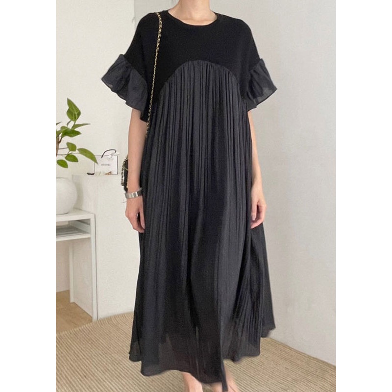 Women Black Oversized Patchwork Pleated Dress Butterfly Sleeve