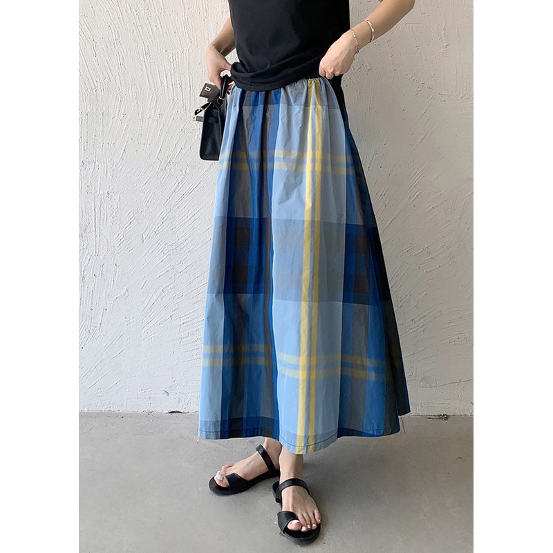 Women Blue Plaid Exra Large Hem Cotton Skirt Spring