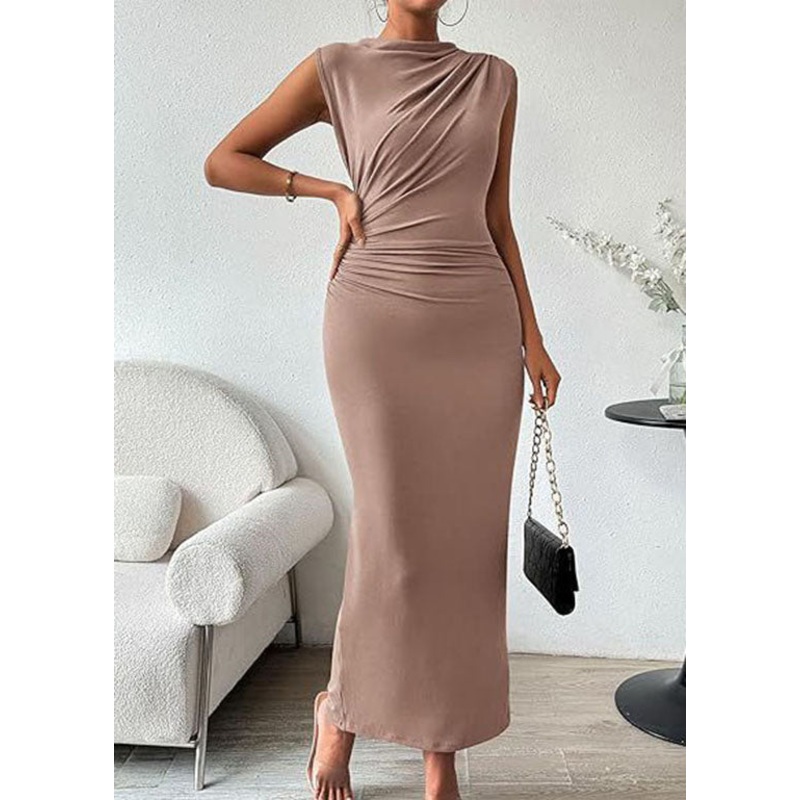 Women Khaki O Neck Wrinkled Cotton Long Dresses Sleeveless