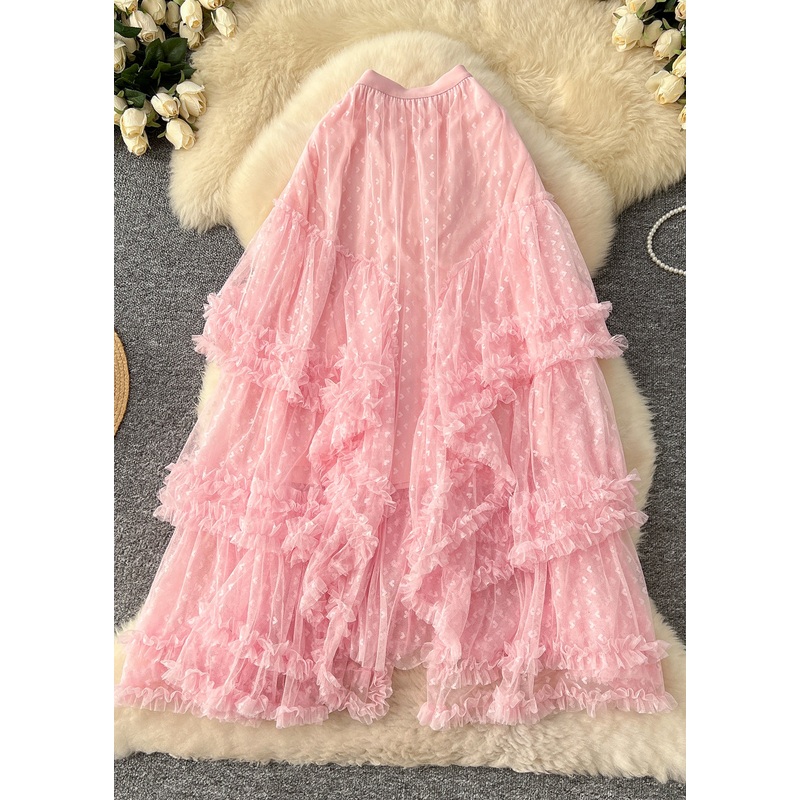 Women Pink Asymmetrical Ruffled Tulle Skirt Spring