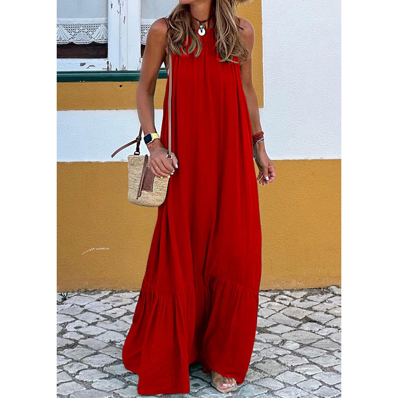 Women Red Ruffled Solid Cotton Maxi Dress Sleeveless