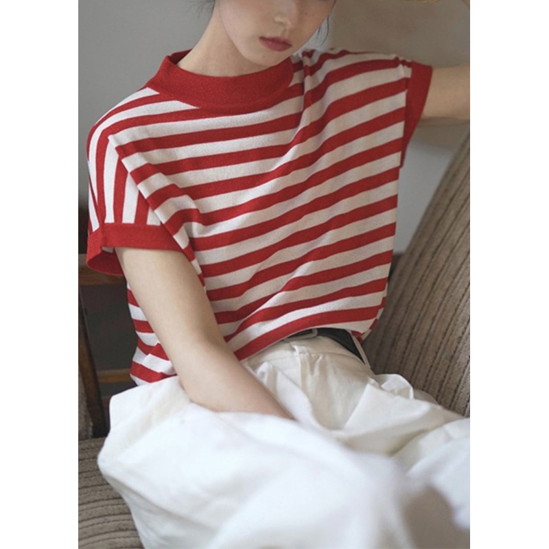 Women Red Stand Collar Striped Cotton Tanks Summer