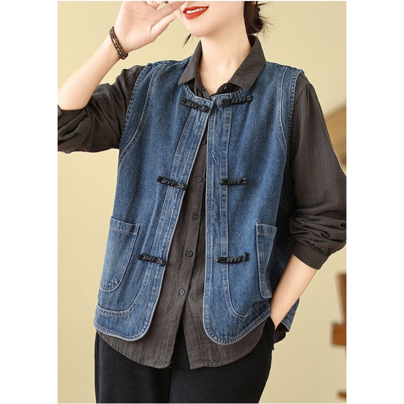 Art Blue Chinese Button Denim Vest Spring
