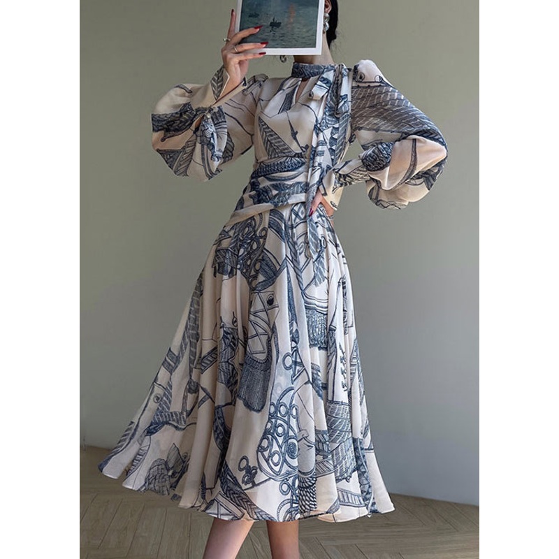 Art Blue Print Bow Chiffon Shirts Dress Spring