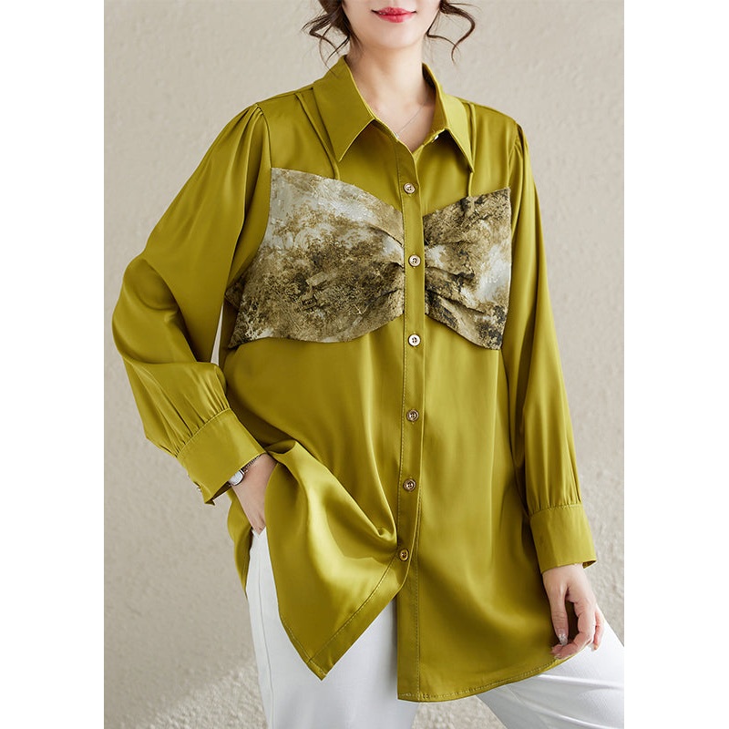 Art Fluorescent Green Patchwork Chiffon Shirt Top Spring