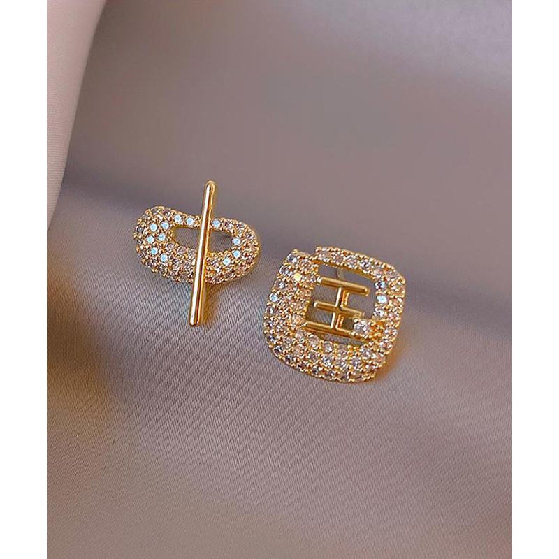 Art Gold 14K Gold Zircon Asymmetric Chinese Characters Stud Earrings