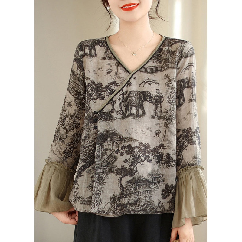 Art Grey Print Patchwork Linen Shirt Tops Flare Sleeve