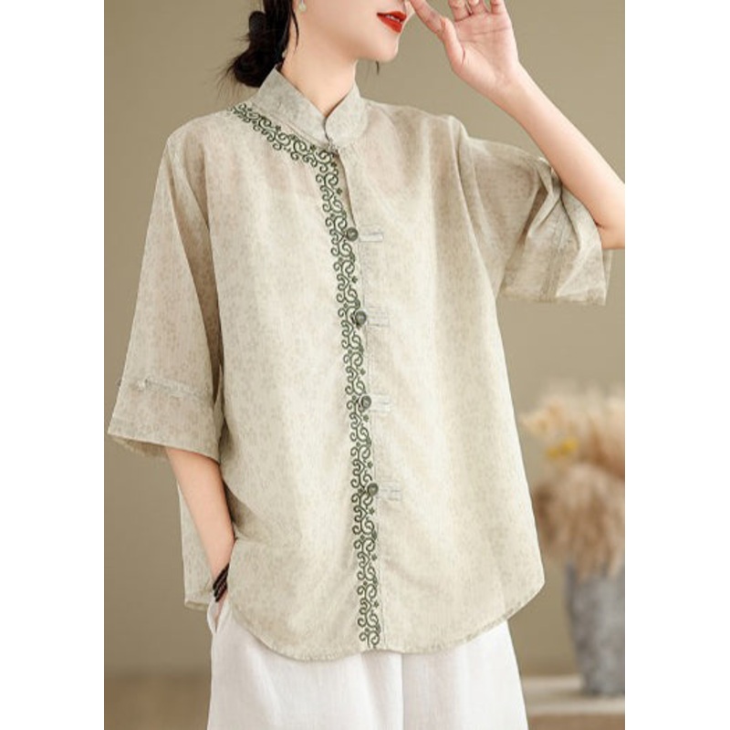 Art Light Green Embroidered Print Linen Oriental Top Summer