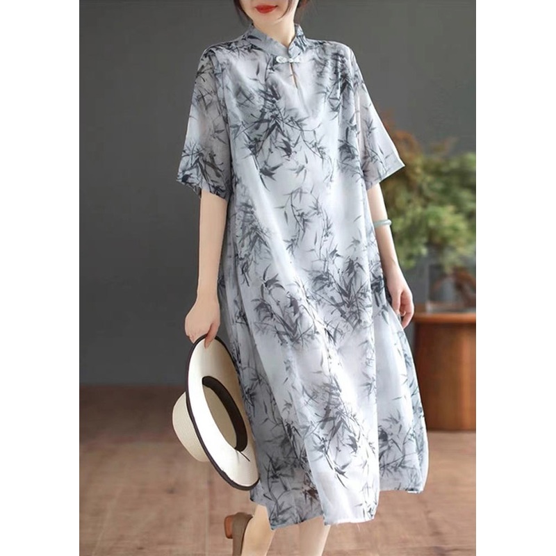Art Mandarin Collar Bamboo Print Chiffon Dress Summer