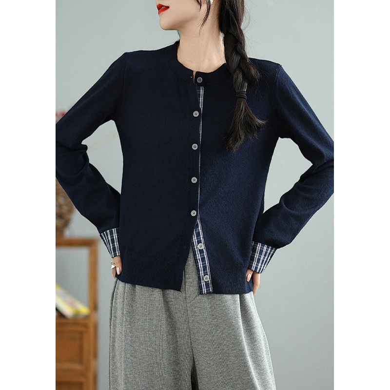 Art Navy Patchwork Knit Fake Two Piece Tops Spring