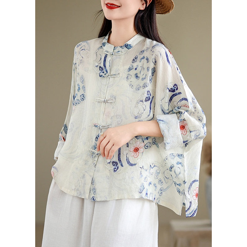 Art Oversized Print Chinese Button Linen Blouses Spring