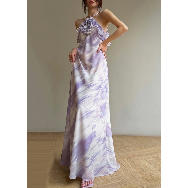 Art Purple Ruffled Print Chiffon Maxi Dress Sleeveless