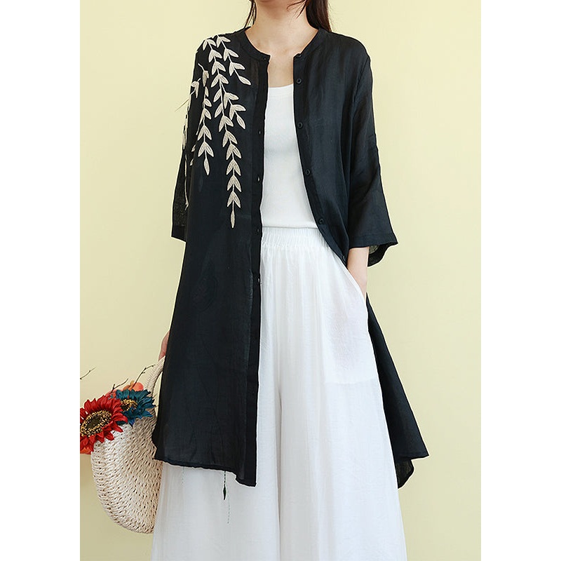 Beautiful Black Embroidered Linen Shirt Dresses Summer