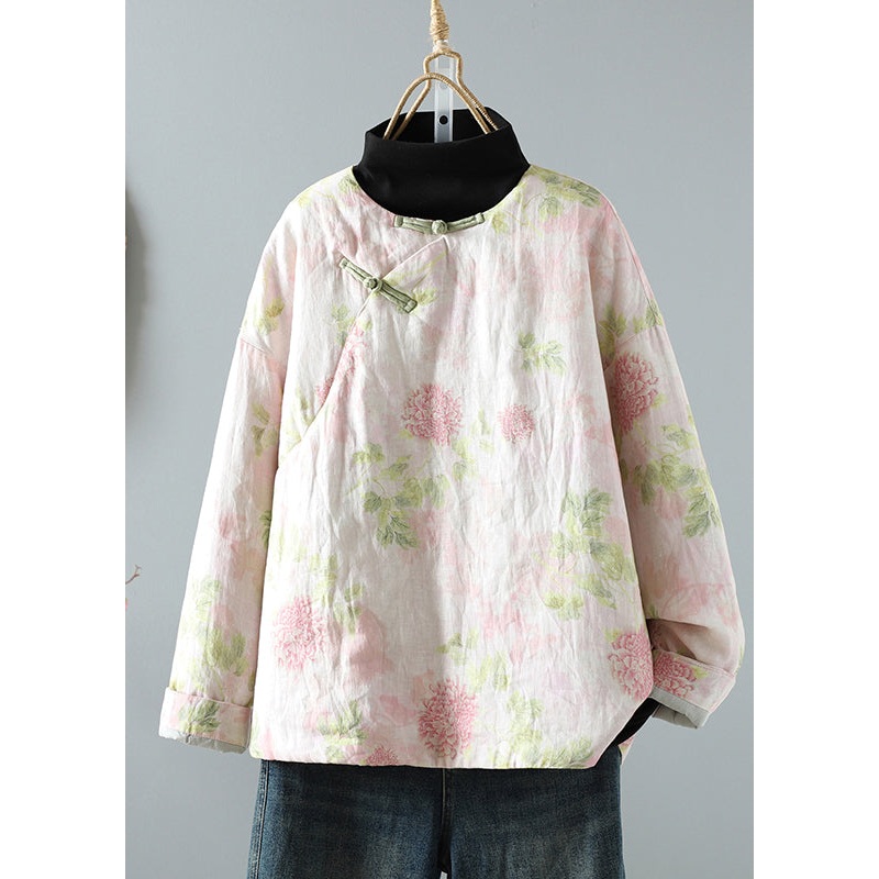 Beautiful Pink Stand Collar Patchwork Print Fine Cotton Filled Oriental Coats In Winter