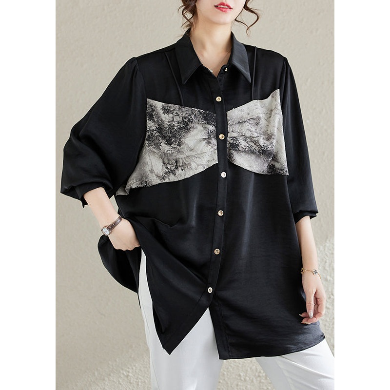 Black Patchwork Chiffon Shirt Top Tie Dye Spring