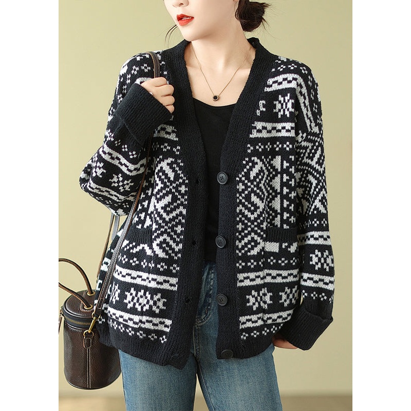 Bohemian Black Oversized Print Knit Cardigan Spring