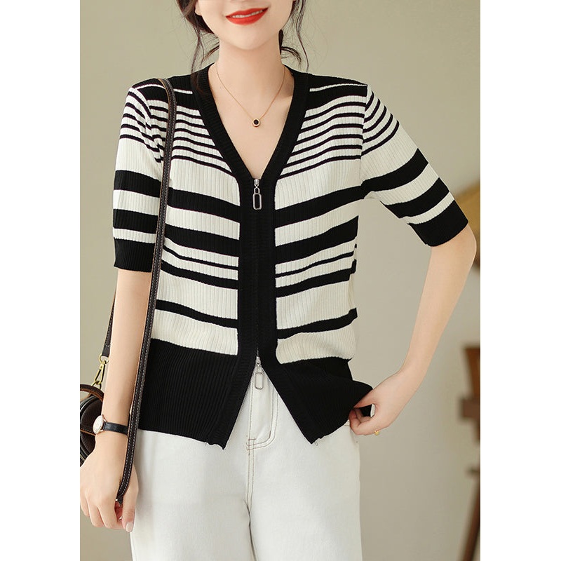 Bohemian Black White Striped Zippered Knit Cardigan Spring