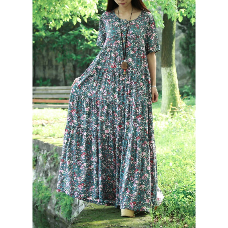 Bohemian Blue O Neck Print Patchwork Cotton Maxi Dress Summer