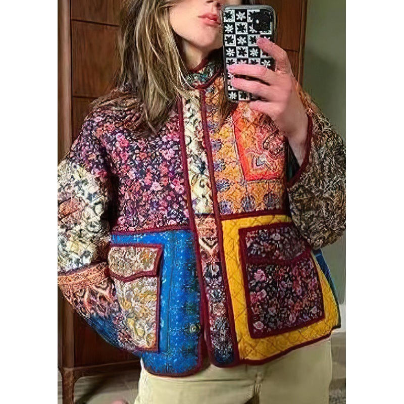 Bohemian Stand Collar Print Loose Fine Cotton Filled Jacket Spring