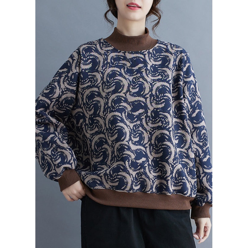 Boho Navy Print Patchwork Warm Fleece Sweatshirt Top Spring