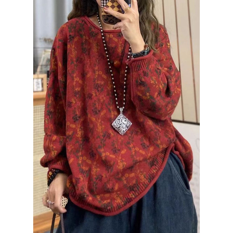 Boho Red O Neck Print Cotton Knit Loose Sweaters Top Spring