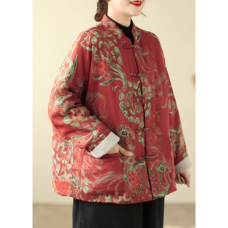 Boho Red Print Chinese Button Fine Cotton Filled Parka Winter