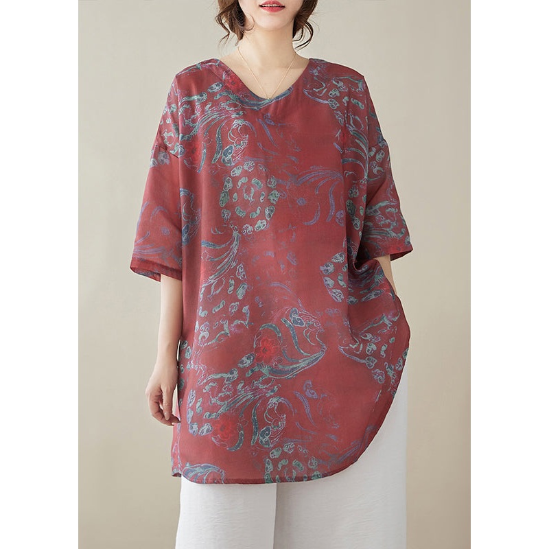 Boho Red Print Linen Tops Half Sleeve